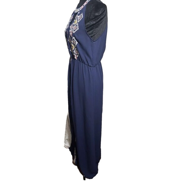THML Maxi Dress Cross Stitch Mock Collar Blue Size M Beautiful - Picture 3 of 10